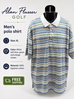 Alan Flusser Golf Men's XL Striped Polo Egyptian Cotton Mercerized White